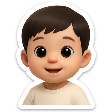 Transform the image into a 3D emoji style with 50% realism, preserving the cute Asian baby boy features, with no background. The style should reflect a blend of 3D emoji aesthetics and partial realism. sticker