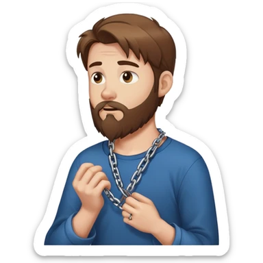 White man with brown hair and beard with anxiety and begging. holding a chain in his hands. profile view sticker