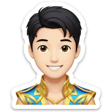 K-pop male idol with black hair, smiling face, wearing flashy stage costume sticker