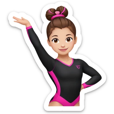 Happy female gymnast with brown hair in a neat bun, wearing a black uniform with neon pink elements. sticker
