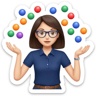 a cute brunette girl in a navy shirt wearing glasses,  juggling multicolored balls with two hands  sticker