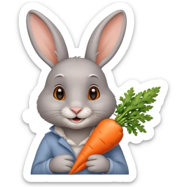 Gray rabbit holding carrot, cute smile, half body sticker