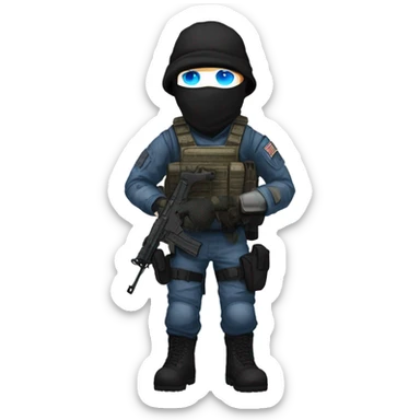 male, pale skin, call of duty face mask, camo tactical gear, combat boots, black beanie, blue eyes sticker