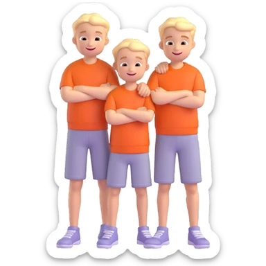 Two cartoon-style boys with similar features, arms around each other's shoulders, smiling, matching outfits, standing close, white background, emoji style sticker