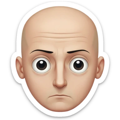 Steven Miller, bald, intense scowl, very narrow rectangular head, bottom lip sticking out, eyelids nearly shut and drooping on the outer sides, extremely dark areas around eyes sticker