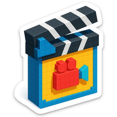 voxel style movie clapperboard with a camera icon, isometric view sticker