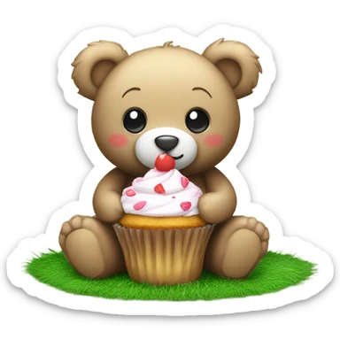 Cute Teddy bear sitting on grass eating a cupcake sticker