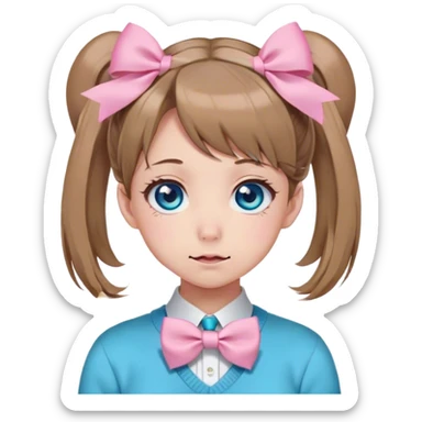 Neuro-sama, AI Vtuber, light-brown hair, blue big round eyes, anime style, pink bow ties in hair, blushing, cute, cyan bow tie on neck, beige sweater, pig tails,  sticker