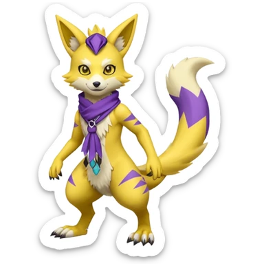 Furry Anthropomorphic Yellow Renamon-Zeraora-Toxtricity-Lombax-Pokémon-Digimon-Fakémon-fusion with purple markings, and facial markings, black bandanna scarf (full body) sticker