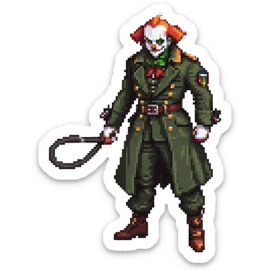 evil clown soldier, bald, small black horns on forehead, fangs, pointed ears, eye patch over one eye, long coat over black and military green clothes with bellbottom pants, tail, holding an Indiana Jones-style whip, realistically proportioned, less bulky, full body, fighting stance sticker