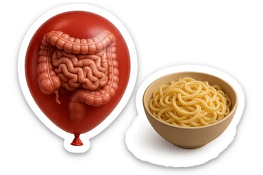 intestino umano anatomico chiuso in un palloncino rosso che simboleggia gonfiore, accanto una bowl di pasta, iperrealistico 4k sticker