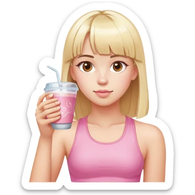 chica con un top rosa de gimnasio y pelo rubio con flequillo tomándose un café en un vaso transparente con hielo  sticker
