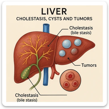 medical diagram of liver showing cholestasis (bile stasis), cysts and tumors, each problem represented with different colors and symbols, detailed and educational medical illustration style sticker