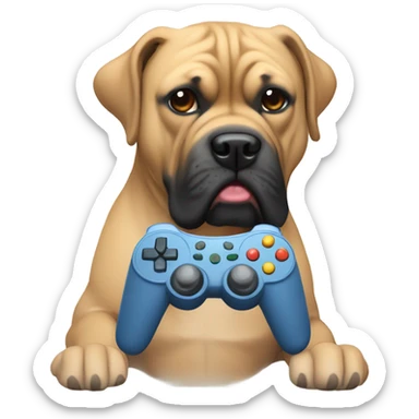 light colored bull mastiff with controller in hands sticker