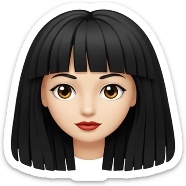 Faça um emoji de uma mulher branca, com cabelo liso preto longo, e com uma franja acima da sombrancelha. sticker