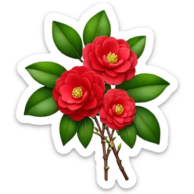 bouquet Red Camellia, luxuriant, stem, leaf, bud sticker