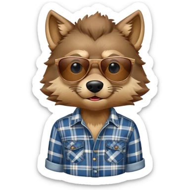 head and shoulders friendly brown-furred anthropomorphised wolf in plaid shirt and jeans, wearing dark sunglasses, upright pose sticker
