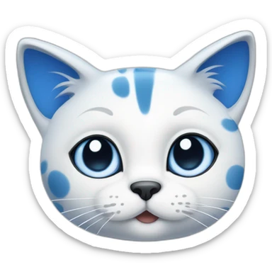 spotted blue and white cartoon cat with a blue right ear, and a spot around the right eye, and the left side is white sticker