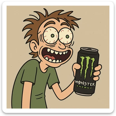 cartoon character strung out on Monster energy drink, wild eyes, jittery, holding a Monster can, cartoon style sticker