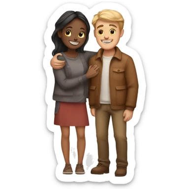 couple hug with warm smiles guy fair skin and girl brown skin sticker