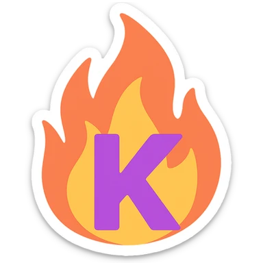 vibrant letter 'K' in color surrounded by stylized fire exaggerated to look dramatic and expressive sticker