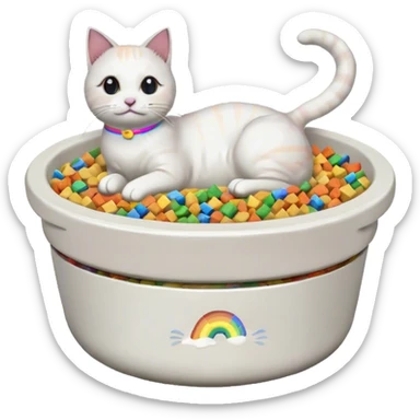 in the style of pixel art, make a cat pet food bowl for a cat. In the bowl is white cat food which is piled so high on top of the bowl. There are small pieces of rainbow food in the bowl too sticker