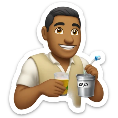 A tongan man with a name tag that says Tavake and he is drinking a bucket of kava sticker