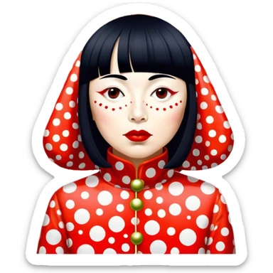 Yayoi Kusama – Cinematic Realistic Portrait of old Japanese artist Yayoi Kusama, depicted as an avant-garde artist with an eccentric, captivating expression surrounded by her iconic polka dot patterns, rendered with vivid textures and imaginative lighting that evokes her unique, surreal creative world. sticker