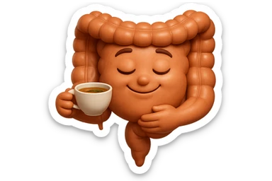 emoji stile iphone 3d di intestino umano sereno che si tocca la pancia mentre sorseggia un thè alle erbe, iperrealistico 4k sticker