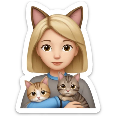 Une femme avec les cheveux dégradée, brun et blond, qui fait un câlin à son chat gris, tigré avec les extrémités que pattes et pointe d’oreilles noires et le dessous du menton blanc sticker