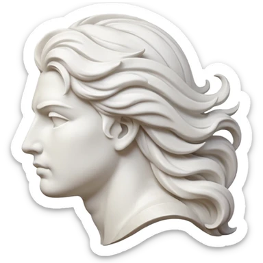 Create a stylized illustration of a classical face carved in white marble, shown in profile, gently blowing wind.  sticker