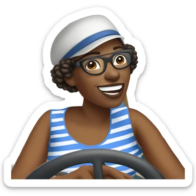 An african american woman at the wheel of a sailboat in a blue and white striped shirt with black glasses and a star on her captain's hat. sticker