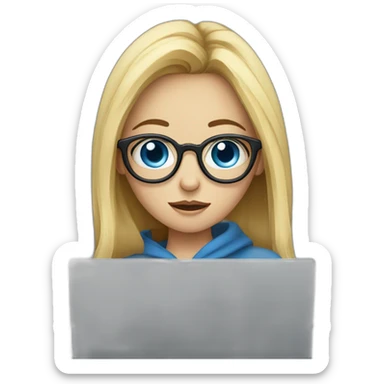 a blue-eyed girl with glasses and a laptop having a bad cold sticker