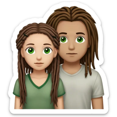 couple standing next to eachother. boy light skinned, brown dreads, and green eyes. girl light skinned, black straight hair, and brown eyes sticker