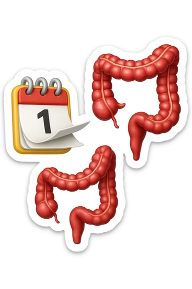 emoji stile iphone di un calendario con fogli che volano insieme a pezzi anatomici di colon umano, iperrealistico 4k, isolato su sfondo bianco sticker