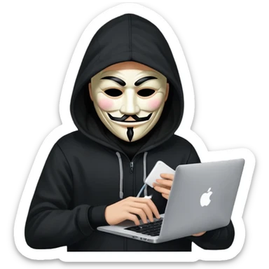 guy fawkes mask black hoodie typing on macbook sticker