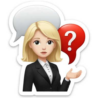 blonde haired white woman in a black formal suit with a white speech bubble containing a black question mark next to her head sticker