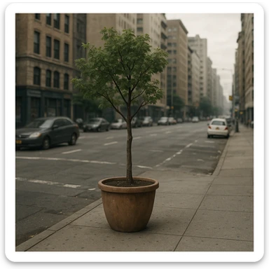 a street tree in a pot, standing alone on a sidewalk, looking lonely next to a busy street, capturing the essence of urban isolation, detailed urban environment, realistic style sticker