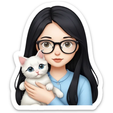 Beautiful girl with long black hair and glasses holding a white kitten sticker