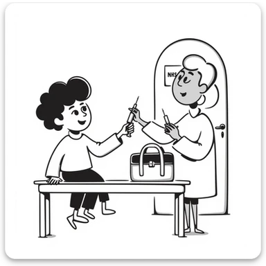 A 1960s doctor giving a measles vaccination to a happy child in a doctors surgery.  On the door is a sign that reads NHS sticker