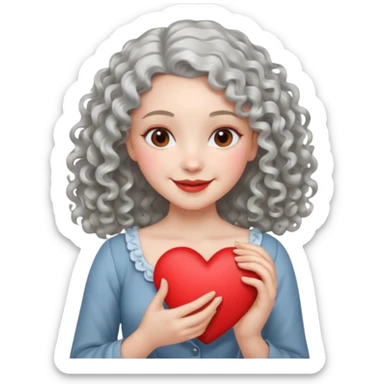 silvery curly/wavy shoulder-length hair smiling lady holding a heart but finer hair sticker