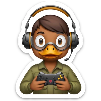 Gamer duck playing first person shooter game sticker