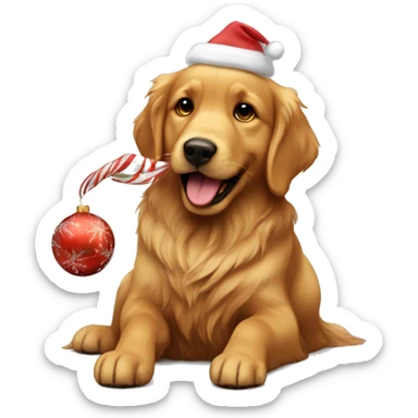 dark brown golden retriever playing with a christmas toy sticker