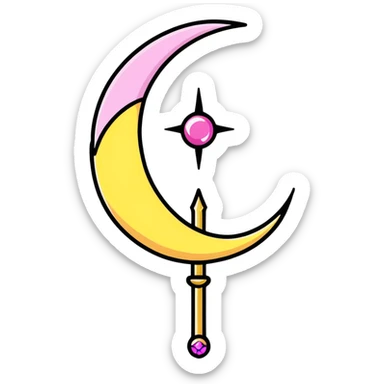 Sailor Moon's Moon Stick magical wand with a golden crescent moon and pink gem, magical anime style sticker