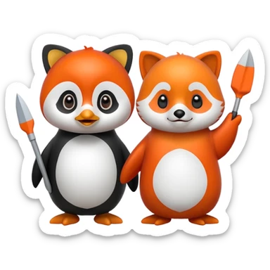A cartoon  cute cartoon penguin. Next to it is a cartoon red panda holding its flipper  sticker