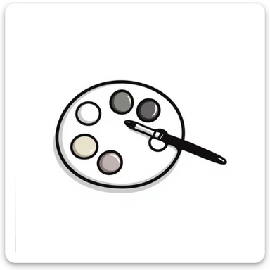 An artist's paint palette with thumb hole and paint colors in pastel colors (dd9fb0, ffc6d3, a3bfc9, c4bee2, f1b091), hand-drawn doodle style sticker