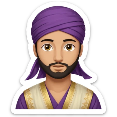
-Apariencia: Joven de unos 25-30 años, atractivo,.
-Rostro: Ojos oscuros, piel ligeramente morena, rasgos árabes finos.
-Cabello: Negro, algo rizado o suelto, con barba fina.
-cuerpo entero  puede llevar una túnica más oriental, con faja y turbante sencillo sticker