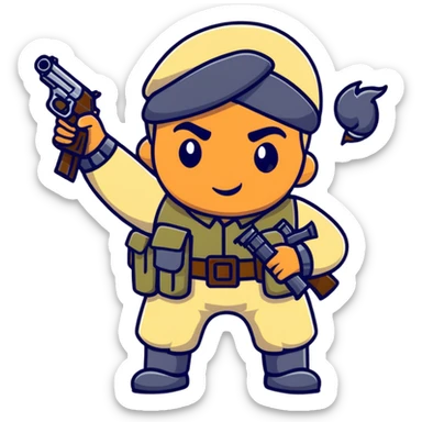 Indian soldier greasing a gun, cartoonish sticker sticker