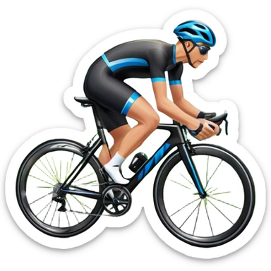An icon featuring a sleek road bicycle with aerodynamic wheels on a winding mountain road. The background showcases a stunning landscape with rolling green hills, a bright blue sky, and distant peaks. Sunlight casts dynamic shadows, emphasizing motion and speed. Transparent background. sticker