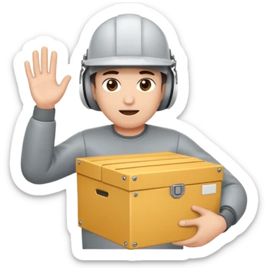 Tengo que dar una capacitacion de orgonomia, necesito un emoji de un operario con casco blanco y buzo gris de manga larga que levante una caja cerrada con las dos manos a la altura de los hombros y que tenga cara de esfuerzo fisico sticker